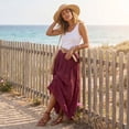 thumbnail image 5 of Women's Cotton Linen Swing Long Skirt Elastic Waist Flowing Maxi Crinkled Skirt Retro Casual Layered Pleated Flowy Long Maxi Skirts With Belt Wine M, 5 of 6