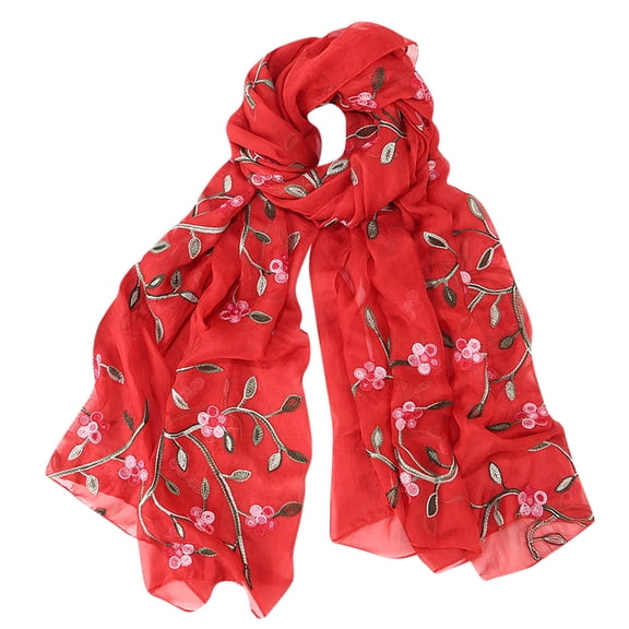 Silk Scarf Women Embroidery Chiffon Hijab Wrap Shawls Headband Muslim Hijabs Breathable Fashion Lightweight Red