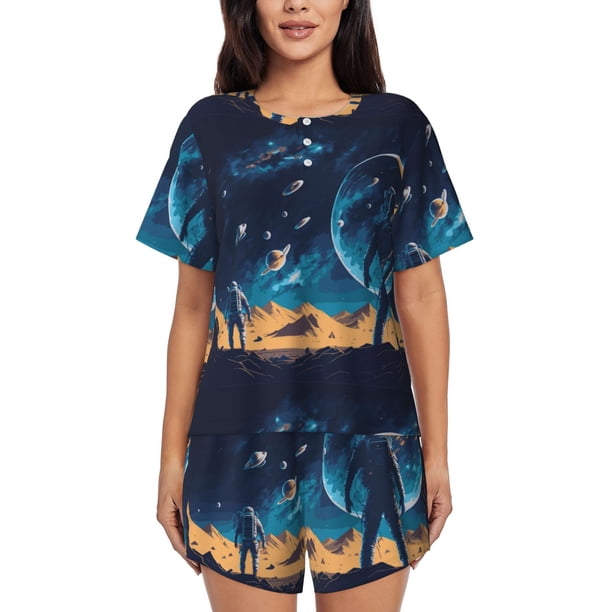 Fotbe Astronaut In A Space Suit On The Planet Conjunto de Pijama Estampado para Mujer, 2 Piezas, Ropa de Dormir con Camiseta de Manga Corta y Shorts Suaves-X-Large