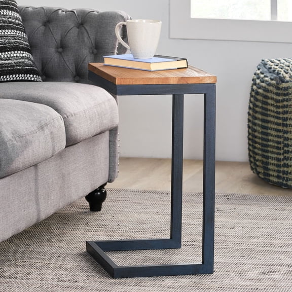 Firwood Antique C-Shaped End Table, Natural Wood Top with Black Iron Base, 22.25" H Industrial Accent Table for Living Room Bedroom Sofa Side