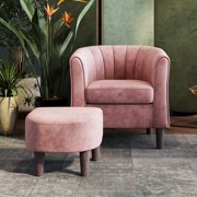 LINSY Accent Chair with Ottoman, Modern Barrel Chair Armchair Reading Chair with Footrest, Round Arms Chair for Living Room Bedroom Reading Room, Velvet, Pink