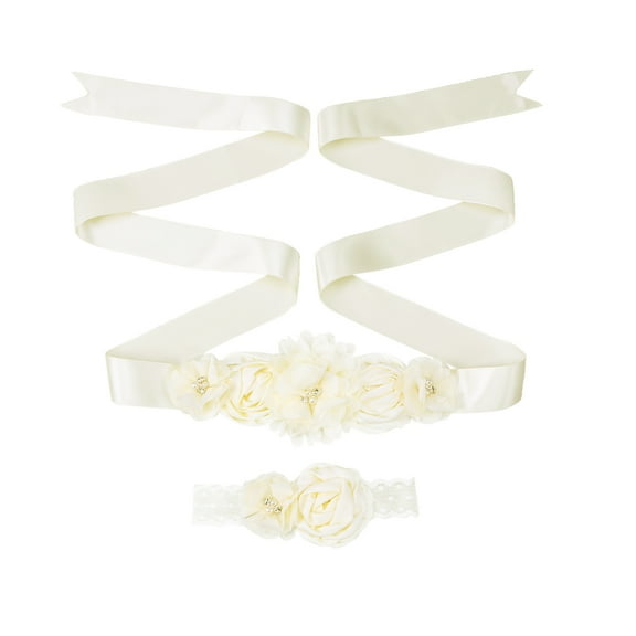 LOLIPPYY 2-Piece Flower Girl Sash and Headband Set with Rhinestone Satin Ribbon Belly Band for Wedding, Party, or Evening Dress in Beige