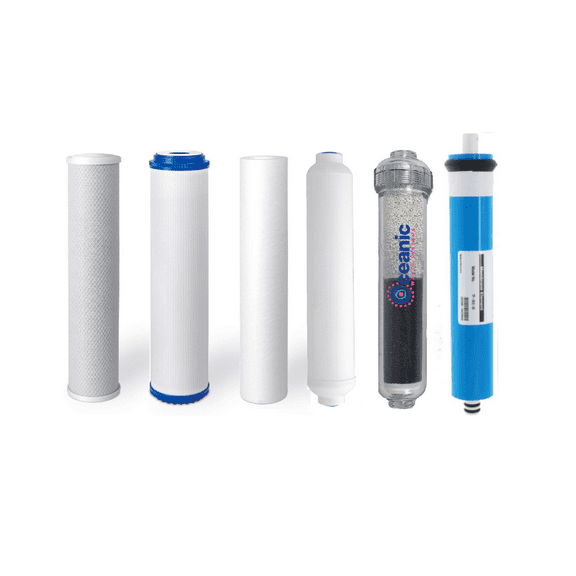 Replacement Alkaline Reverse Osmosis Water Filters & 75 GPD Membrane Set for 6 Stage RO Systems