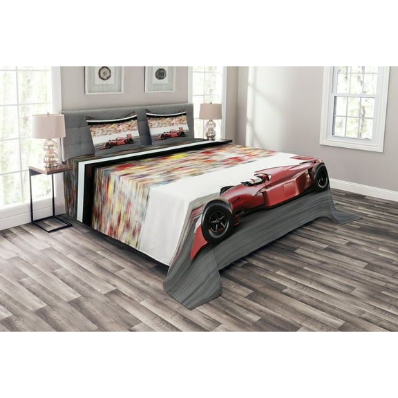 Ambesonne Cars Quilted Bedspread Set 3 Pcs, Red Race Car Side View, Queen Size, Grey Red Black