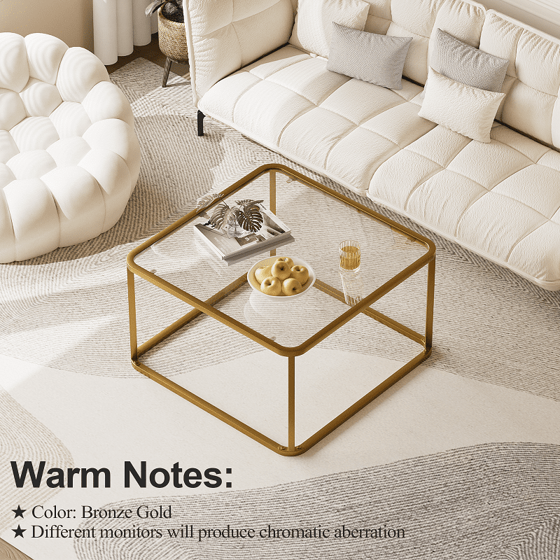 Coffee Table Glass, Minimalist Square Tables for Living Room, Modern Center Table for Office or Small Space, Tempered Glass, Sturdy Metal Frame, Easy Assembly, 26.4 x 26.4 x 15.7 Inches Gold