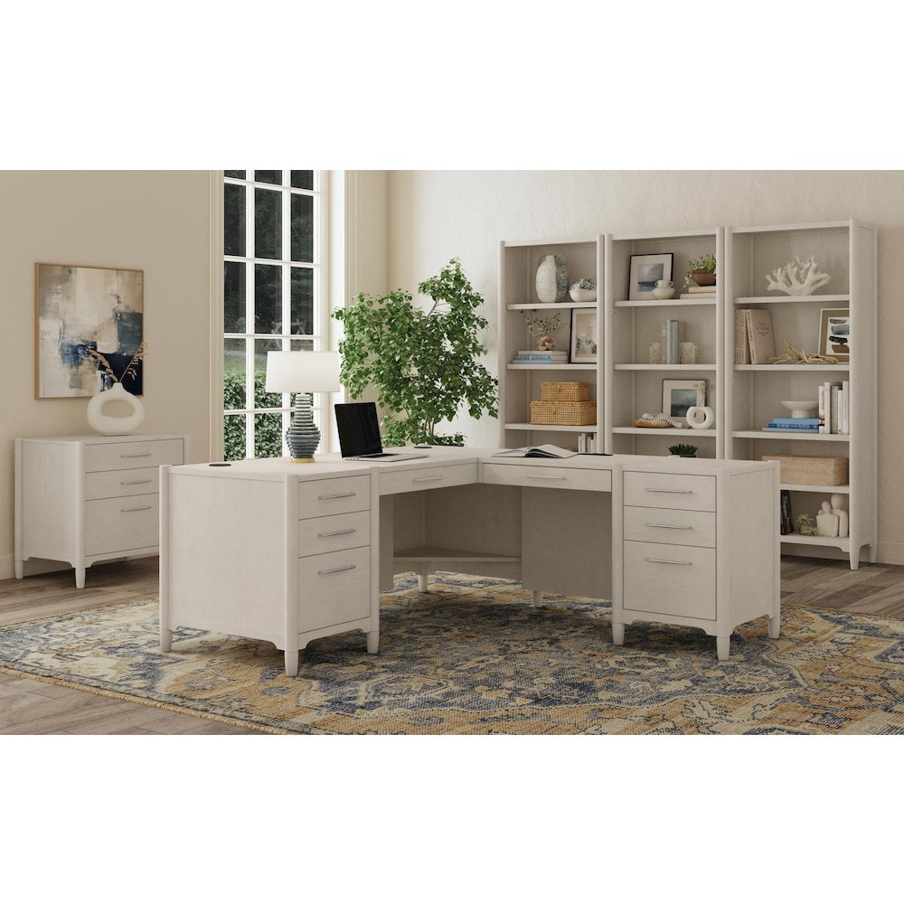 Executive Wood Double Pedestal L Desk Corner Table Office Storage White