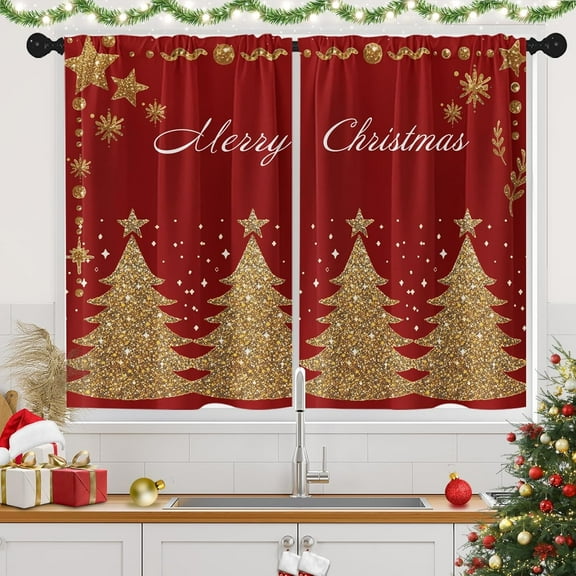Christmas Tree Glitter Kitchen Window Curtains Over Sink Set of 2, Winter Cute Luxury Star Rod Pocket Short Tier Curtains, Red Christmas Small Kitchen Decor (26x36 Inch)