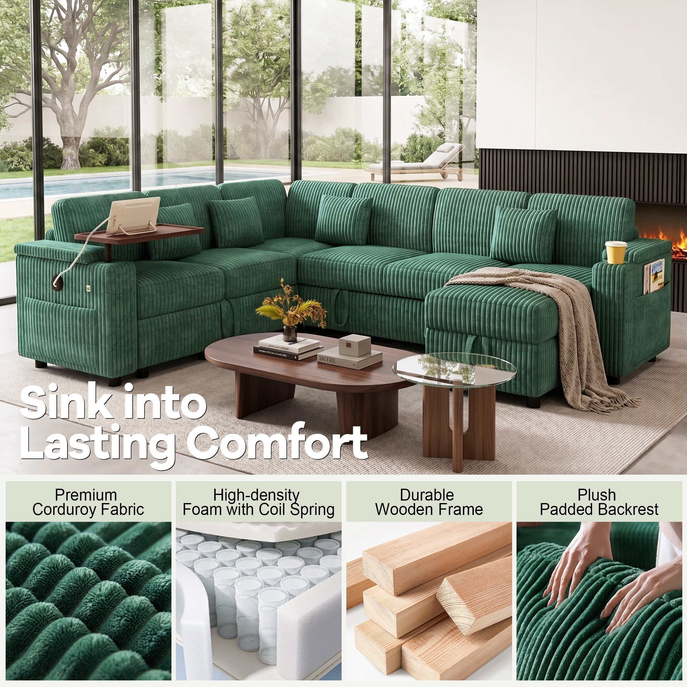 Aenkyo 7-Seat Corduroy U-Shaped Sectional Sleeper Sofa Bed with Storage Chaise and USB Charging, Green