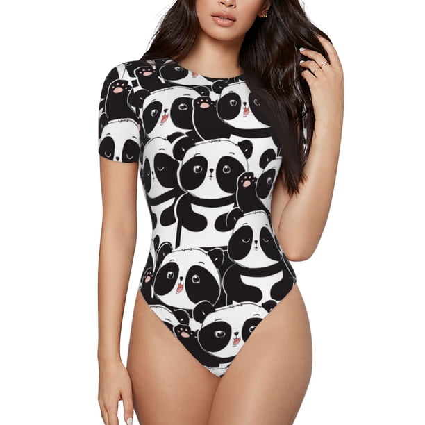 Balery Panda Body de cuello redondo de manga corta para mujer Tops de manga corta Tops básicos-Large