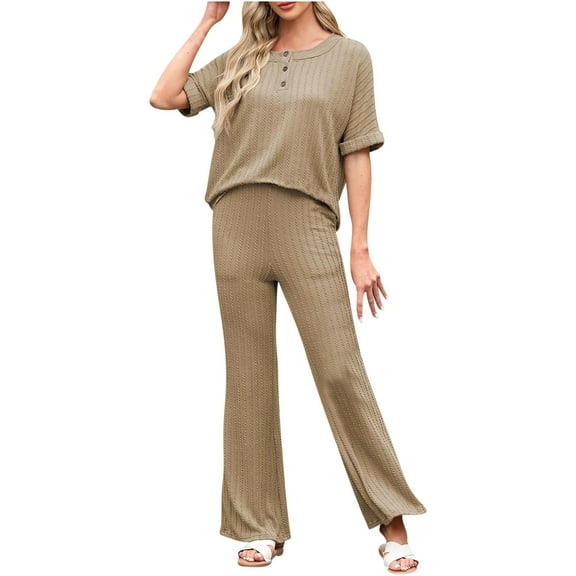 Women 2 Piece Lounge Sets Half Sleeve Button Down Shirt with Flare Pants Beach Vacation Solid Color Matching Set