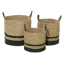 DecMode 18", 17", 14"H Black Seagrass Handmade Two-Toned Brown Storage Basket with Handles, 3-Pieces
