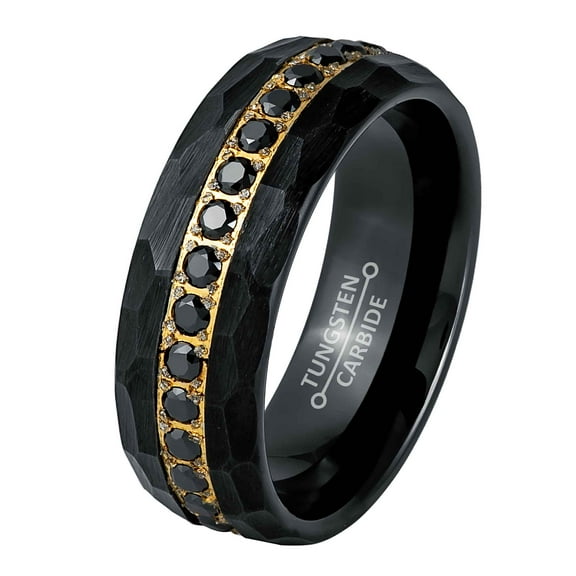Dome Black IP 8mm Yellow Gold Prong-Set Black CZ Eternity Wedding Band Comfort Fit - Mens Tungsten Carbide Ring - #1080s10