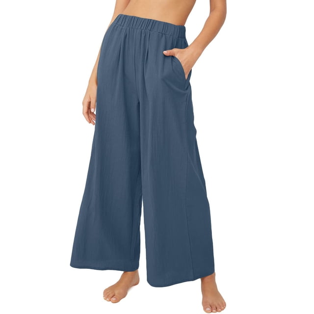 Pantalones anchos informales de cintura alta y color liso para mujer de primavera y verano
