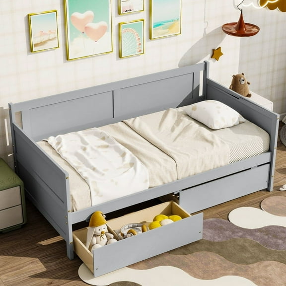 [Luckynote]Twin Size Pine Wood Daybed with two Storage Drawers ,Grey