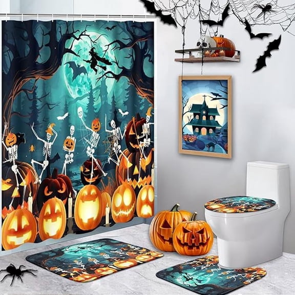 Halloween Bathroom Decor 4 Piece Set, 71 X 71 Inch Waterproof Shower Curtain, Non Slip Absorbent Bath Mats, Cute Halloween Pumpkin Skeleton Print for Home Halloween Party Decor