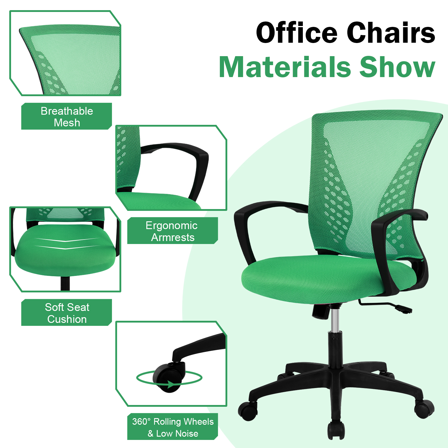 Mid-Back Office Chair, Ergonomic Computer Chair Adjustable Desk Chair with Armrest, Rolling Swivel Chair for Home&Office, Easy to Assemble, Green