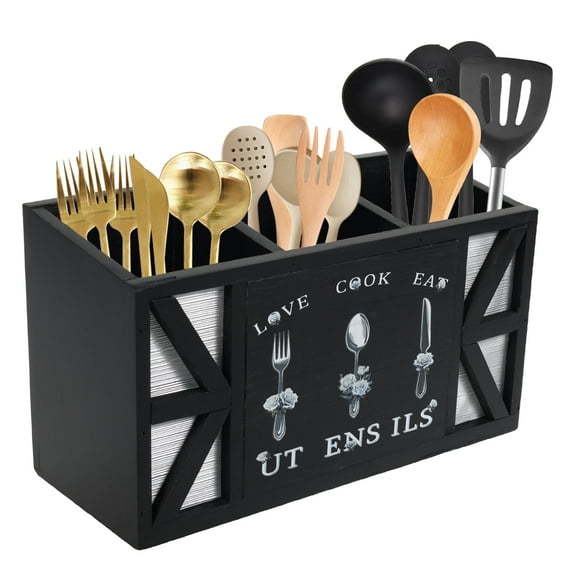 Tzdxfgl Wood Kitchen Utensil Holder for Countertop, Silverware Organizer with 3 Compartments, Large, Black