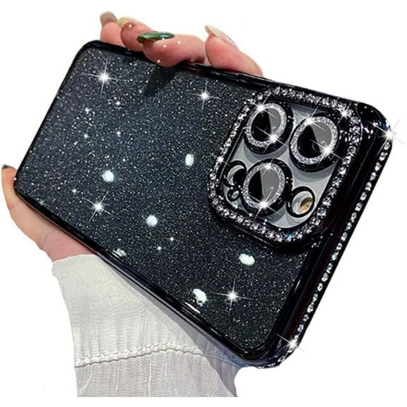 for iPhone Case,Glitter Crystal Diamend Rhinestone Sparkle Sparkly Bumper Camera Lens Protection Soft Shockproof Phone Case (Black,iPhone 14)