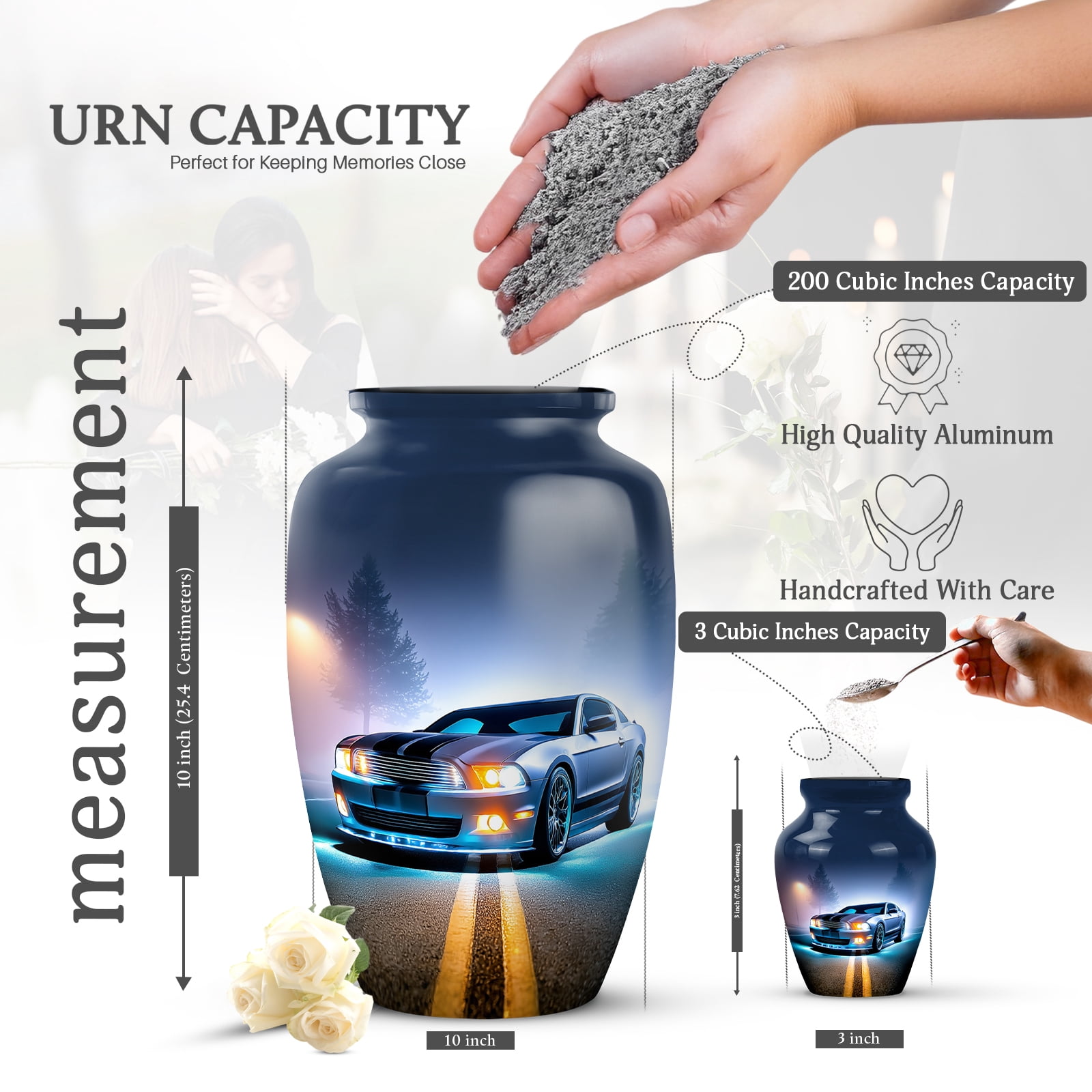 KARYLIZ Blue Car Urn for Ashes Adult Male - Memorial Cremation Urns for Human Ashes - Funeral Urns for Women & Men - Decorative Large Urn for Female Mom & Dad