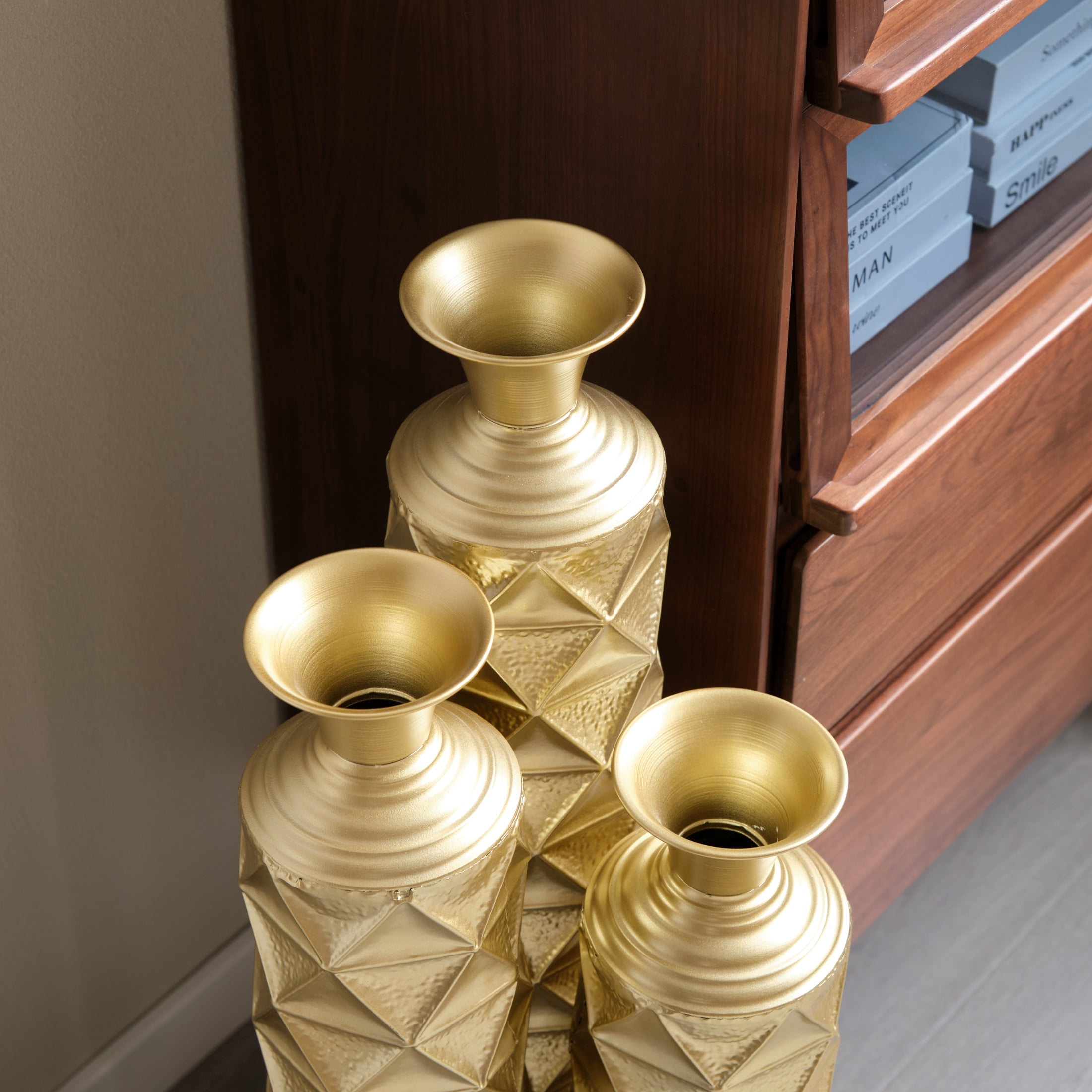 Noble House 3-Piece Metal Floor Vase Set, 33.5", 29.5", 25.2" Diamond Pattern Vases, Antique Gold