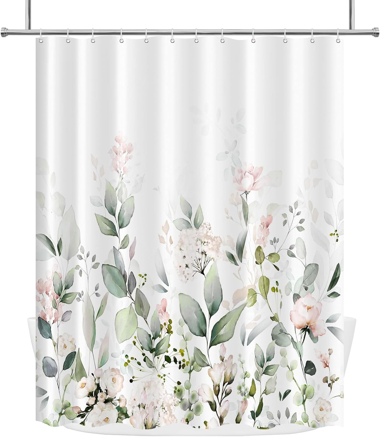 Blomming Bright Blush Pink White Floral Shower Curtain, Watercolor Green Leaves Plant Bathroom Decoration Shower Curtain Sets 71x71 Inch with Hooks