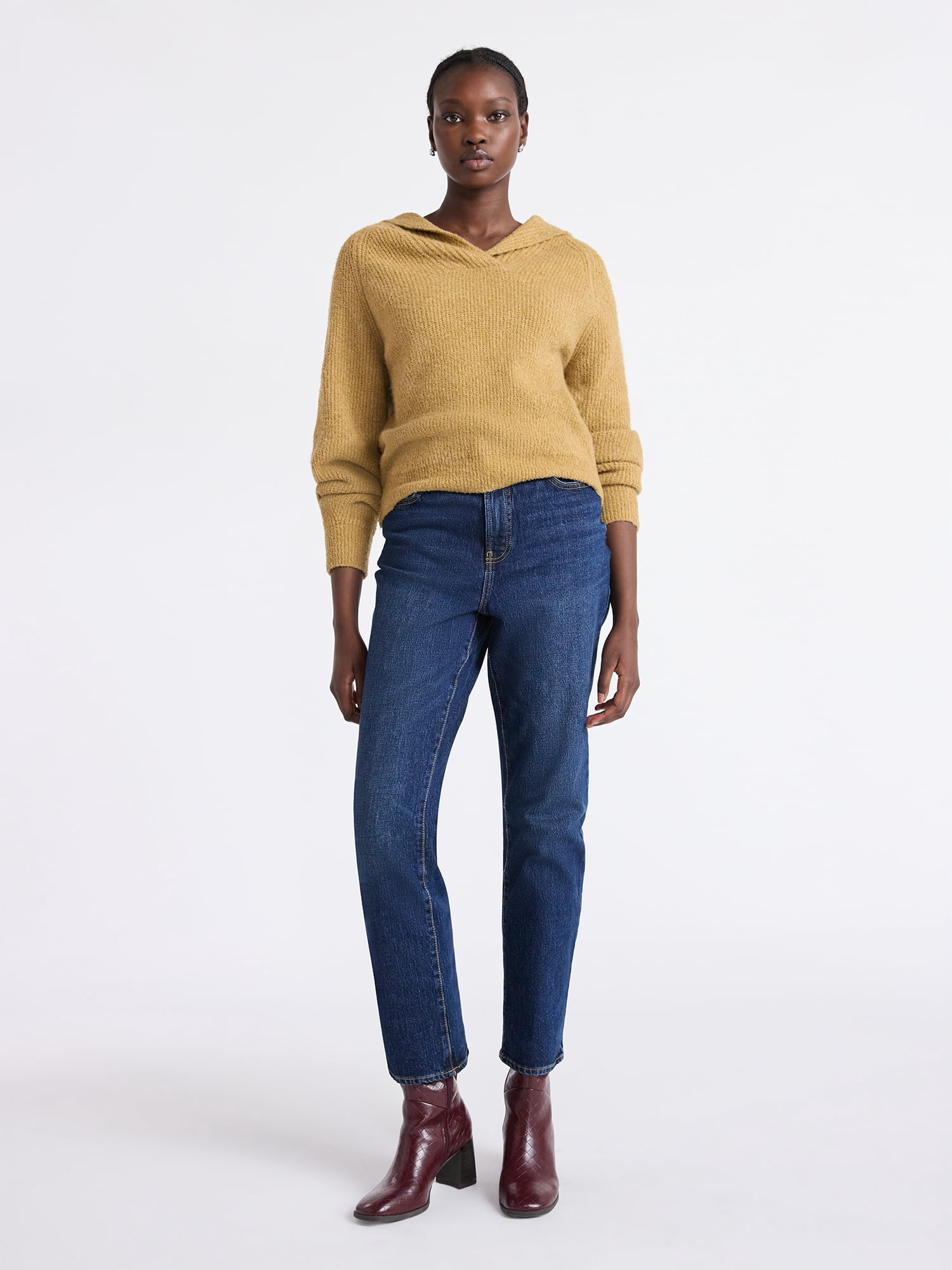 Free Assembly Women's V-Collar Sweater with Long Sleeves, Midweight, Sizes, XS-XXL
