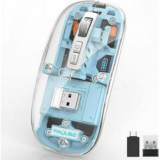 AMERTEER Souris Sans Fil Bluetooth Tri-Mode (BT5.1+2.4GHz) Rechargeable USB C Souris d'Ordinateur Entièrement Transparente Silencieuse avec Récepteur USB & Adaptateur Type C pour Ordinateur Portable/mac/ipad
