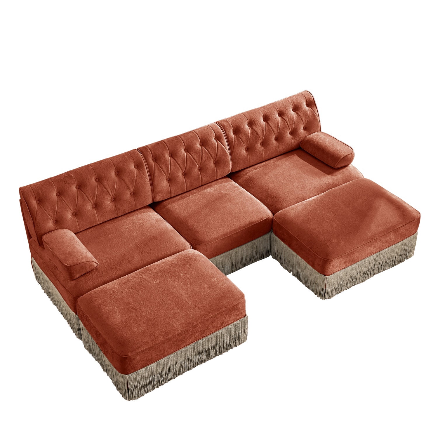 Hommoo 3-Seater Chesterfield Style Velvet Fabric U-Shaped Sectional Sofa with 2 Ottomans, Upholstered Design and Floor-grazing Tassel, Free Combination Sofa Couch Set, for Home, Red Brown