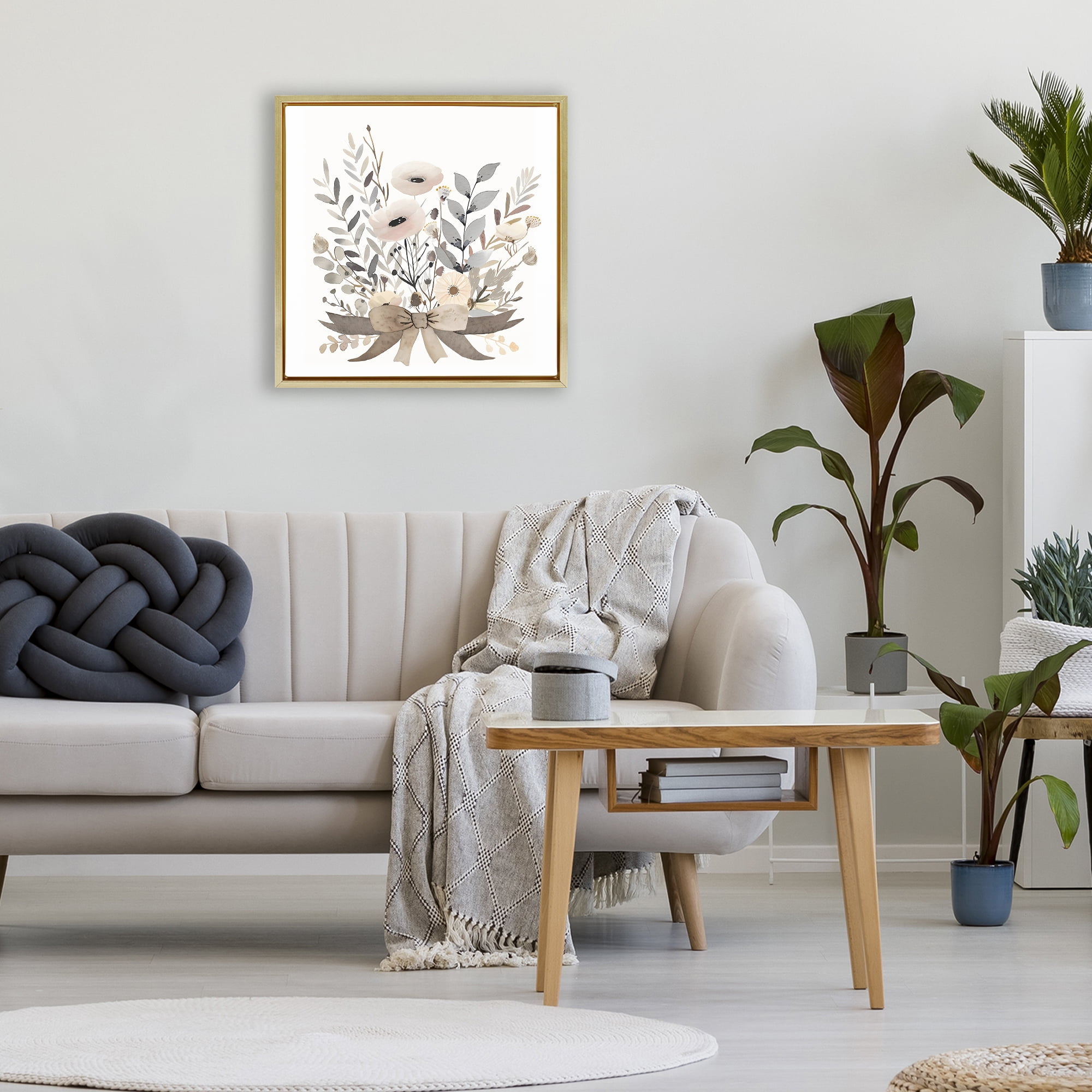 Stupell Industries Neutral Floral Bouquet Beige Gold Framed Floater Canvas Wall Art, design by Creative Studio