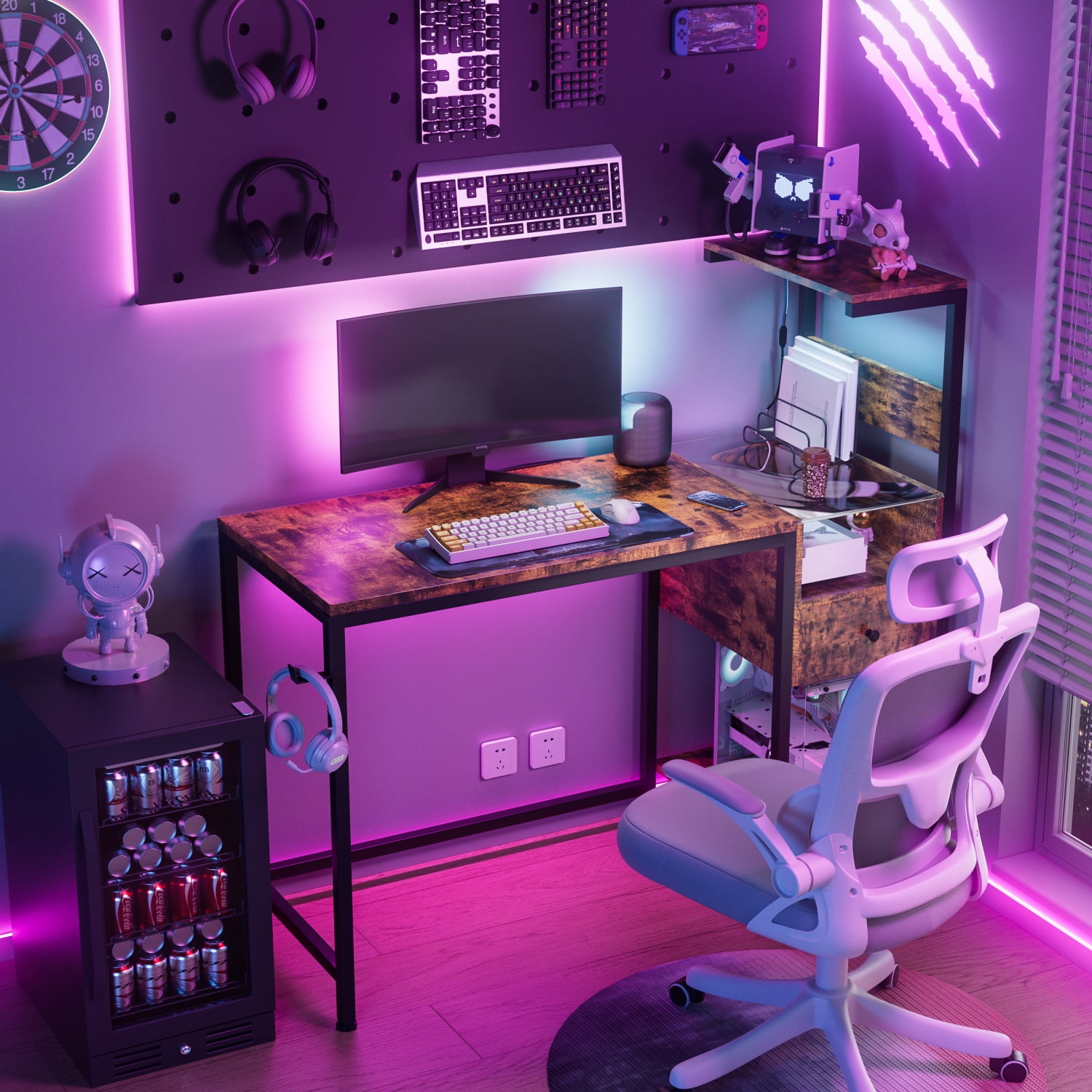 Computer Desk with Power Outlet & Storage Shelves, Adjustable & Versatile Writing Table, for Home Office (Brown)