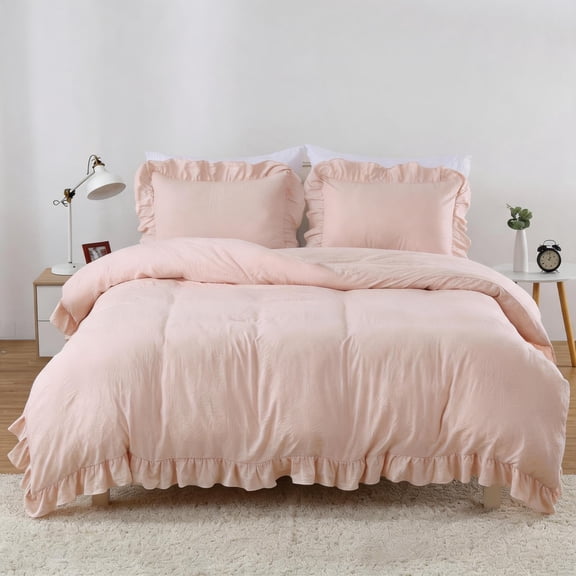 Pink Shabby Chic Queen Duvet Cover Set, Microfiber Farmhouse Bedding, 90"x90" Cover & Pillowcases