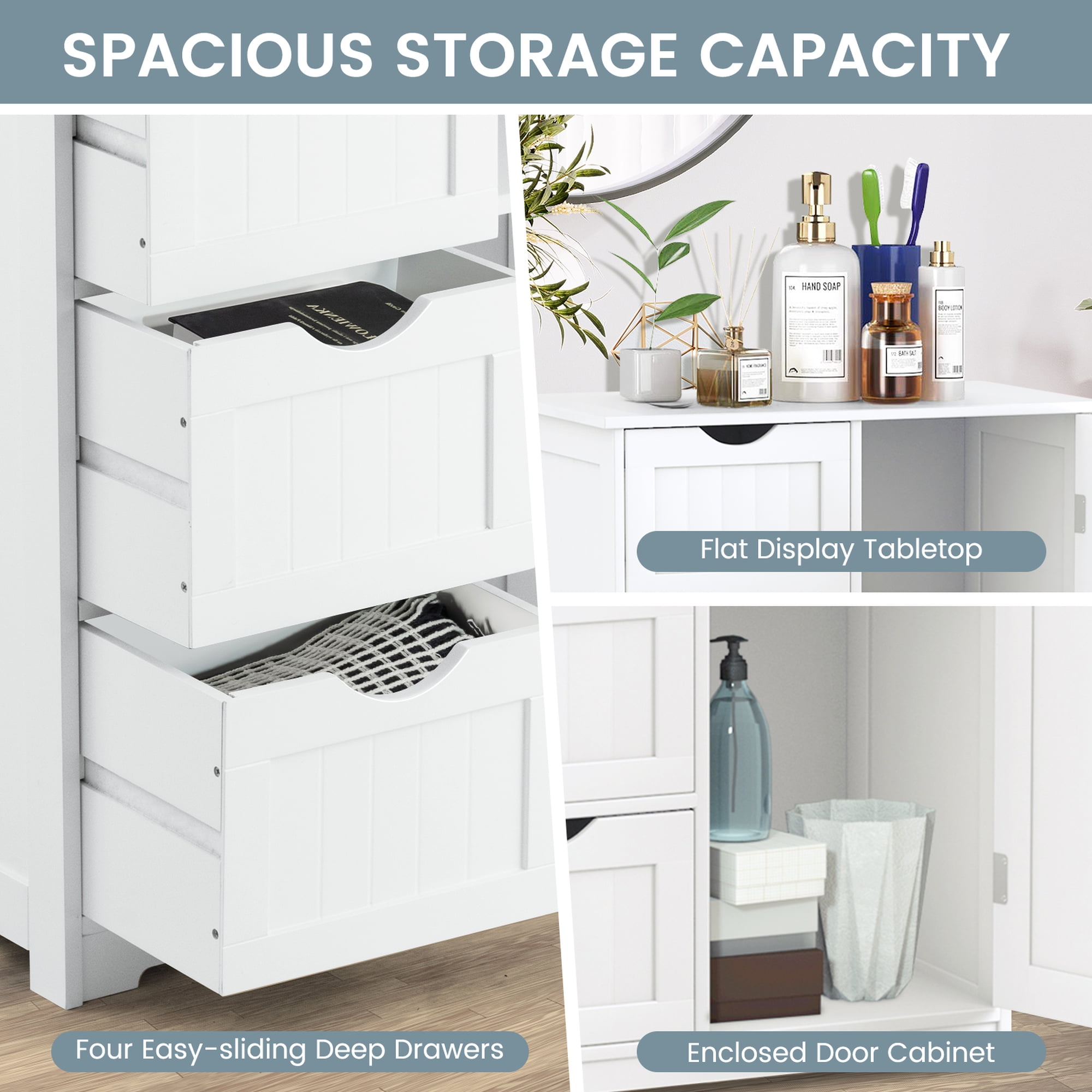 Costway Bathroom Storage Wooden 4 Drawer Cabinet Cupboard 2 Shelves Free Standing White  (图4)