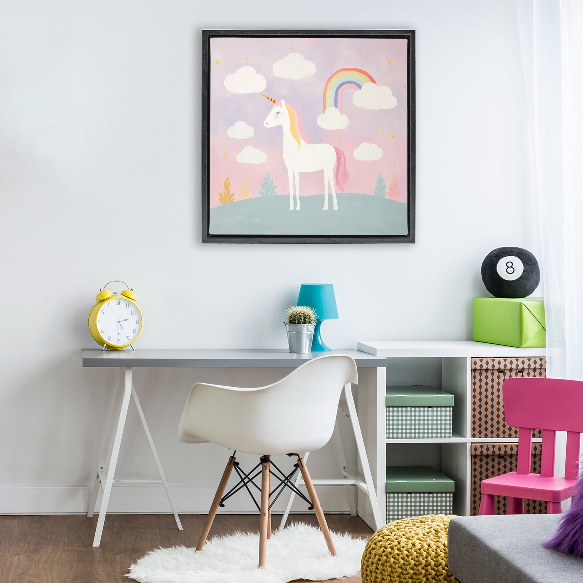 Stupell Industries Mystical Unicorn with Rainbow & Clouds Black Framed Floater Canvas Wall Art, design by Lazar Studio