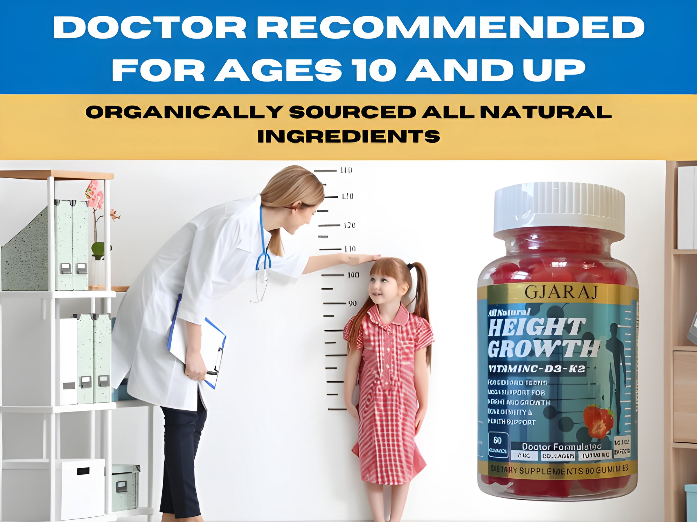 GJARAJ Height Growth Maximizer Natural Vitamins for Bone Growth (Strawberry Flavored Gummies) MADE IN USA