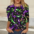 thumbnail image 6 of Womens Mardi Gras Shirts 3/4 Sleeve Tops Plus Size Mask Graphic Crew Neck Striped Tee Shirt Loose Casual Tunic Party Tops Holiday Mardi Gras Clothes 2026, 6 of 7