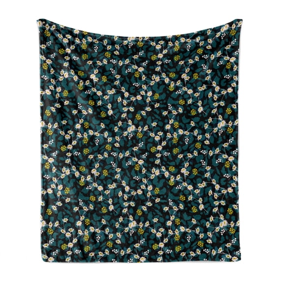 Botanic Soft Flannel Fleece Blanket, Vintage Forest Daisy and Berry Branches Twisting on Safari Backdrop, Cozy Plush for Indoor and Outdoor Use, 60" x 80", Yellow Green and Dark Teal, by Ambesonne