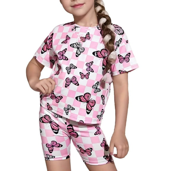 ZACPNCV Toddler Girls Summer Sets Graphic Printed Short Sleeve Tee Shirt and Shorts Set 2 Piece Outfit Pink 5-6 Years