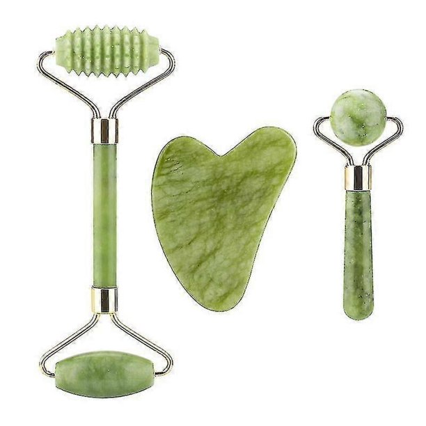 CHAO Kit de rodillo de masaje facial 3 en 1, tablero Gua Sha con dos cabezales, piedra de jade, estiramiento facial, relajación de la piel, herramienta de belleza adelgazante Gua Sha, solo rodillo est