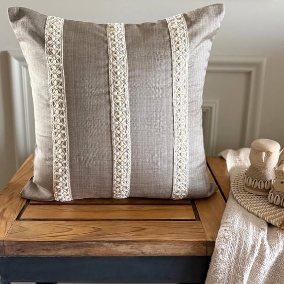 Gray Decorative Throw Pillow Covers 22"x22" | Contemporary Cotton Linen Cushion Cover Striped | Pearl Lace Pillowcases for Couch, Sofa Bedroom & Living Room, Modern Home Décor - Pearl Bound