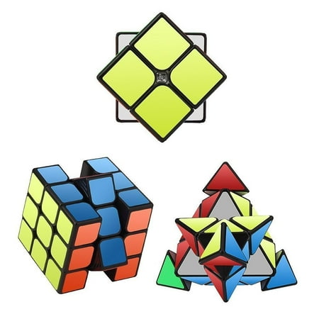 FeelGlad 3Pcs Speed Cube Set, All Black Base Puzzles Magic Cube Set of 2x2x2 3x3x3 Pyramid Smooth Puzzle Cube Kit Toys Kids
