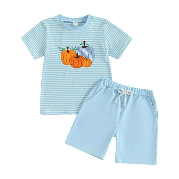 Kids Two-Piece Outfit Striped Pumpkin Embroidered Short Sleeve Shirt And Solid Shorts Girl Outfits Kids Clothes