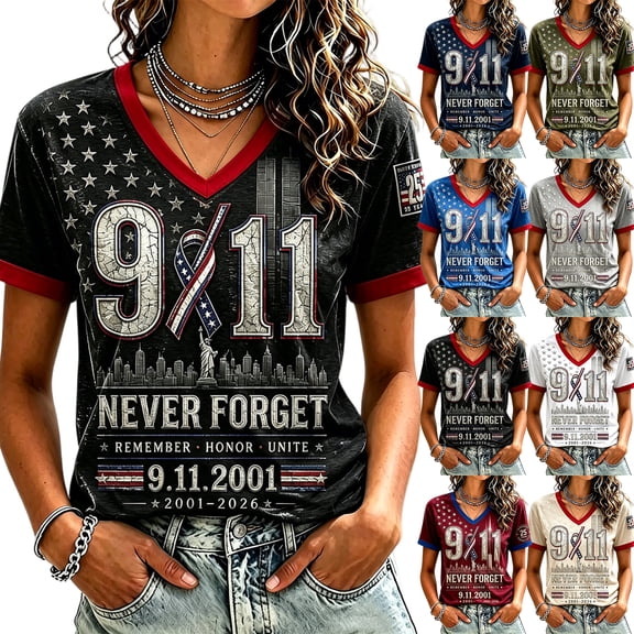 9/11 25th Anniversary Shirt Womens WE Will Never Forget Tee Shirts | Lightweight Fabric, V Neck Short Sleeve Tops, American Flag, 2001-2026 25Th Anniversary Tops, Patriotic Honor Tee Shirt Black,2XL