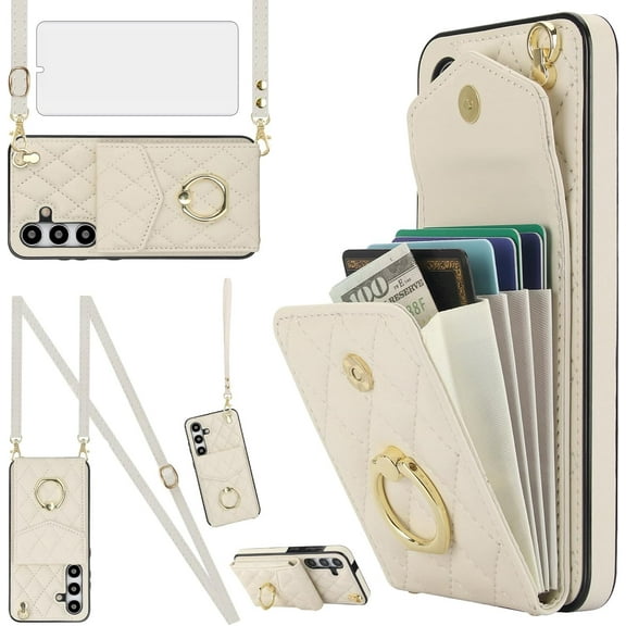 Phone Case for Samsung Galaxy S24 5G Wallet Cover with Tempered Glass Screen Protector and Wrist Strap Ring Stand RFID Blocking Credit Card Holder Leather Cell S 24 24S GS24 G5 Women Off White