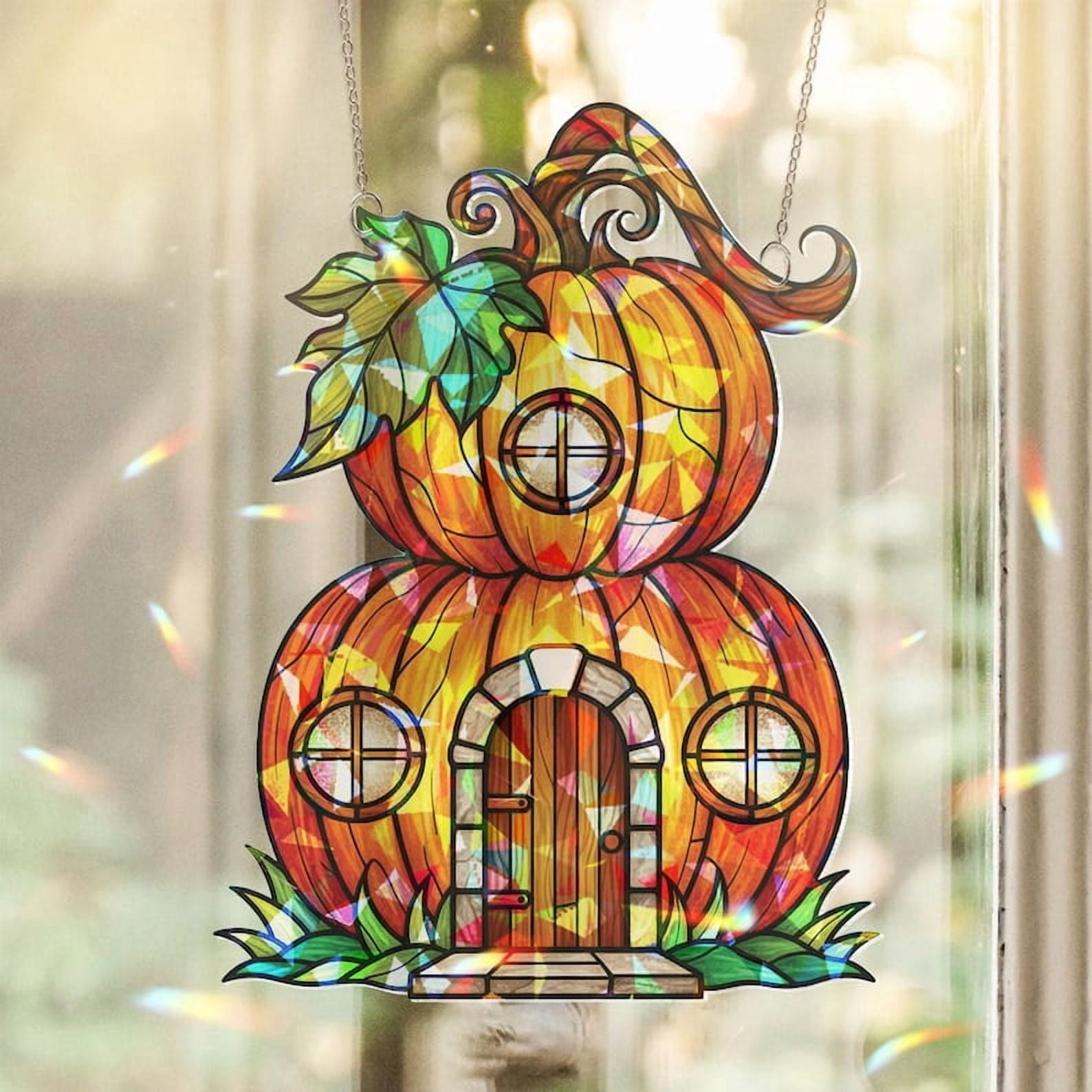 ViciArt Hologram Acrylic Pumpkin House Window Hanging – Fall Halloween Decor, Autumn Window Ornament