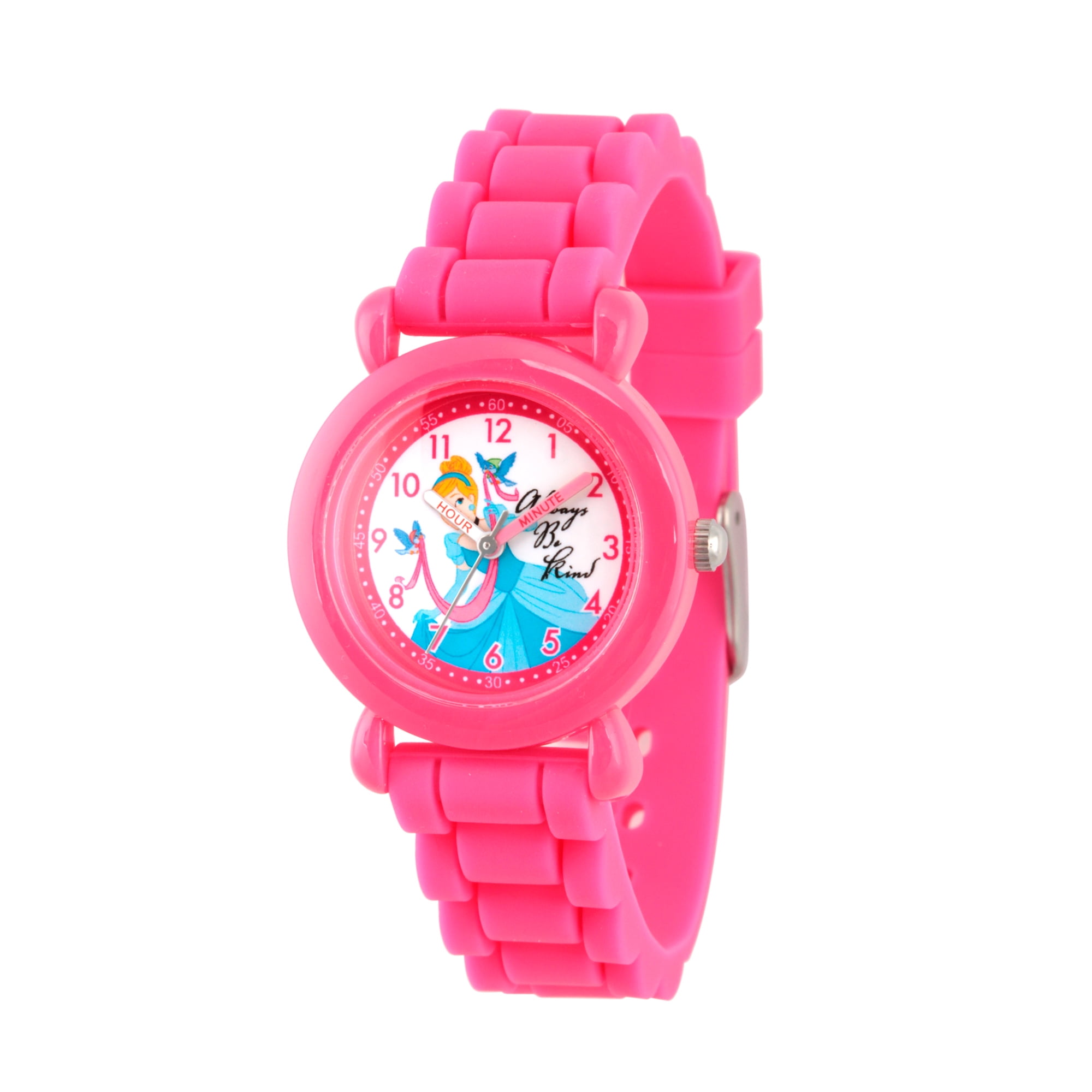 Princess Cinderella Girls' Pink Plastic Time Teacher Watch, Pink Silicon Strap