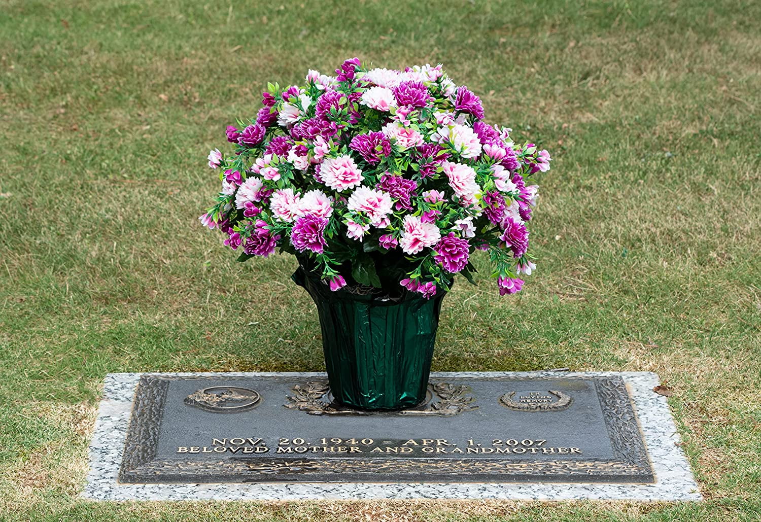 Sympathy Silks Artificial Flowers Weighted Pot Bouquet Decoration - Height 18"-20" - Fade Resistant - Home Decor, Office, or Memorial - 2 Pack of Pink and Purple Mum Pots