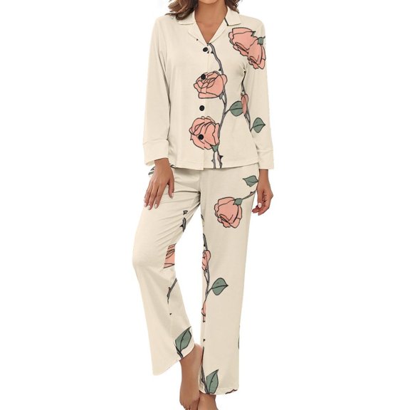 PoBuds Women's Long Sleeve Flannel Pajama Set Sleepwear Rose Pattern M