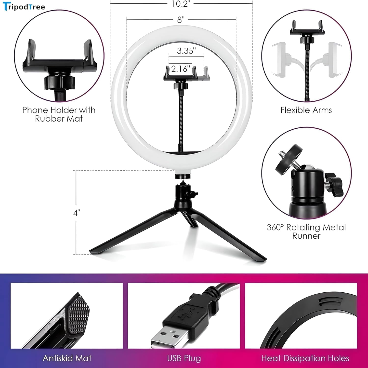 MHAWBL-10" Selfie Ring Light with 4" Desktop Tripod Stand & 1 Phone Holder, LED Ringlight with Dimmable Modes(RGB) for Makeup/Photography/Videos/Vlog/TikTok (STDLR10-V2)