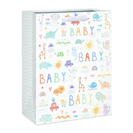 American Greetings 12.75 in. Large White Baby Shower Gift Bag, Zoo Animals (1-Count)