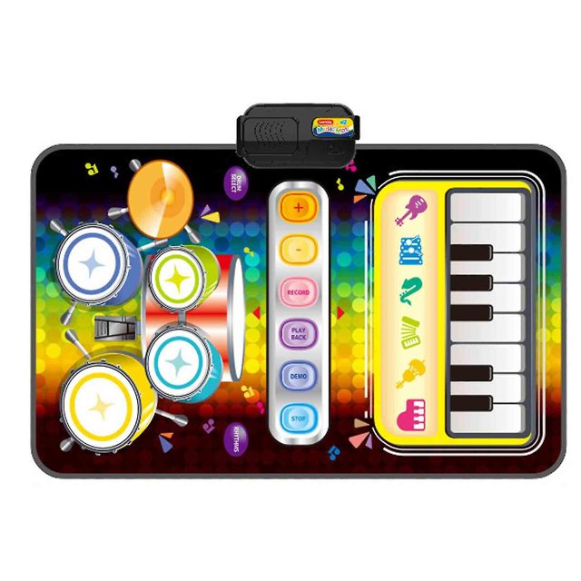 juguetes para bebés de 1, 2 y 3 años, juguetes musicales 2 en 1 para niños, piano y tapete para batería para niños pequeños Tapete musical 2 en 1 color negro con teclado impreso a la derecha y cuatro tambores ilustrados a la izquierda. Panel central con botones verticales para reproducción, grabación y demo y módulo electrónico negro en la parte superior. Superficie de tela con motivos de puntos de colores, tamaño 80 x 50 x 9.6 cm; fomenta la coordinación mano‑pie y la creatividad y es apto para uso como tapete de juego portátil en viajes.